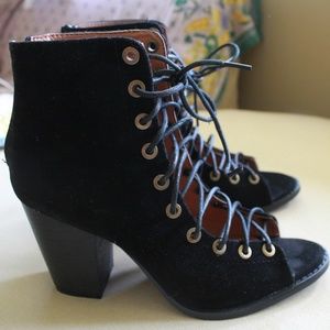 Black Faux Suede Open Toe Lace Up Ankle Boots